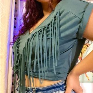 Sage green fringe V neck top